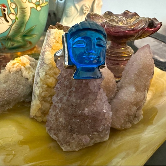 Sterling silver, Blue glass Buddha head ring. Size 9-9 1/2. - Picture 2 of 6